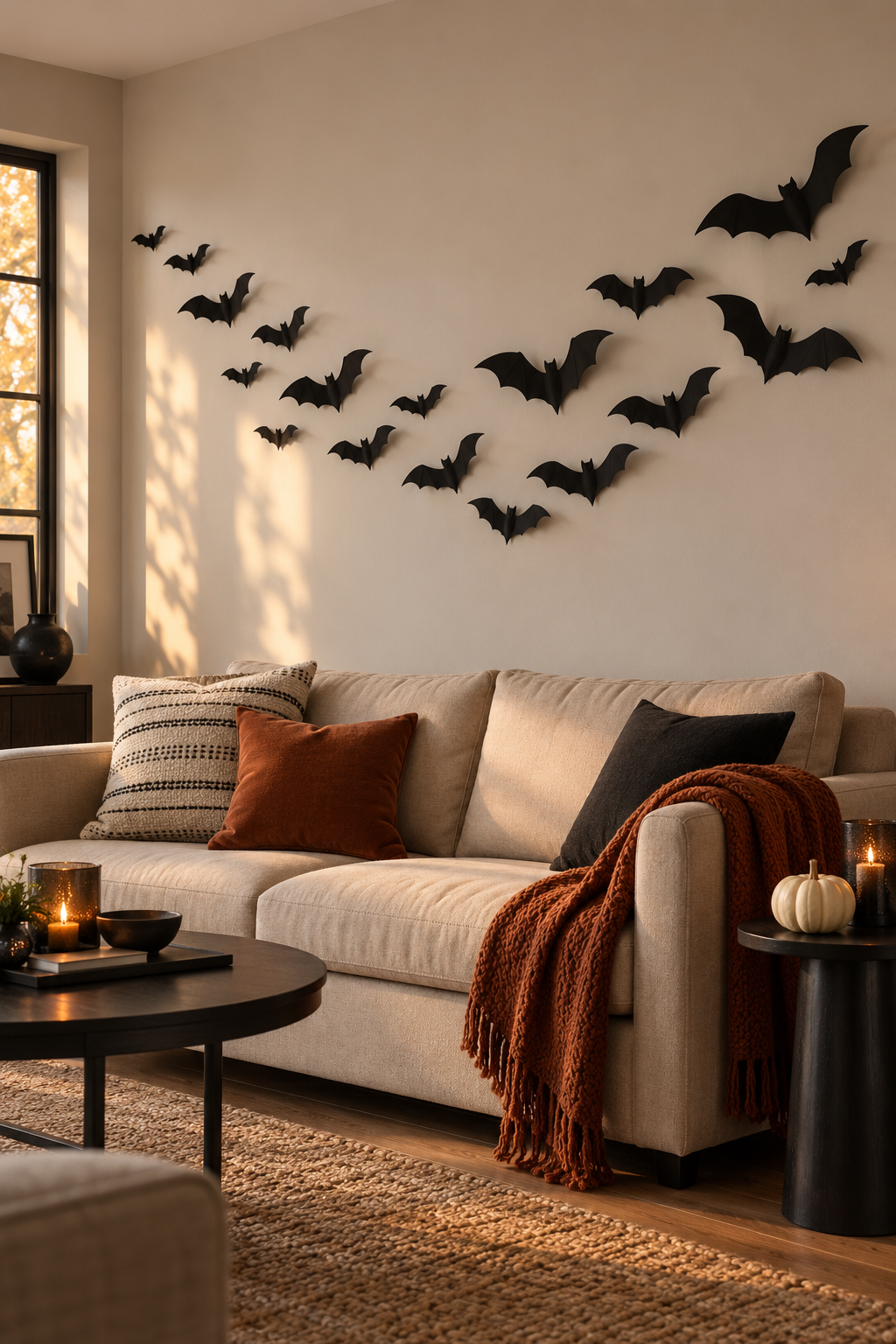 Modern neutral living room decorated with a large flock of black three-dimensional bats, orange pillows, a chunky throw, candles, and pumpkins.