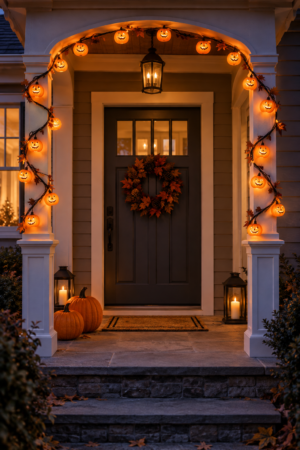 Elegant front porch decorated with glowing jack-o’-lantern string lights, an autumn leaf wreath, orange pumpkins, black lanterns, and a bordered doormat.