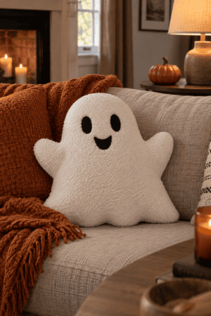 Soft ivory bouclé ghost-shaped Halloween pillow displayed on a neutral sofa with a burnt-orange knitted throw, pumpkin, lamp, and glowing candles.