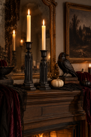 Dark Halloween mantel decorated with cathedral candlesticks, ivory taper candles, a black raven, velvet pumpkins, vintage books, and an ornate antique mirror.