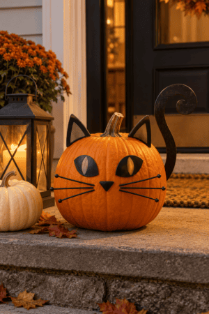 Large orange pumpkin decorated as a black cat with ears, eyes, whiskers, nose, and curled tail beside a glowing porch lantern.