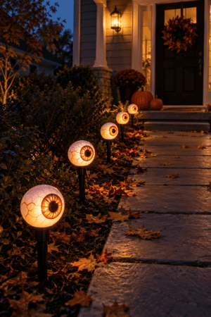 Outdoor Halloween walkway lined with glowing eyeball stake lights leading toward a porch decorated with pumpkins, flowers, lanterns, and an autumn wreath.