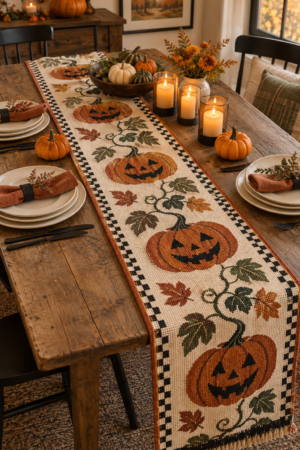 Rustic wooden dining table styled with a jack-o’-lantern pumpkin runner, miniature gourds, glowing candles, stoneware plates, and rust-colored napkins.