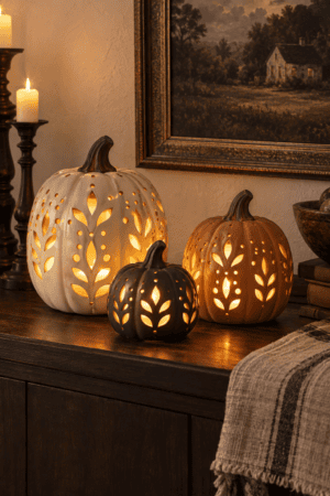 Three illuminated ceramic pumpkins in ivory, terracotta, and black with decorative leaf cutouts displayed on a dark wooden sideboard.