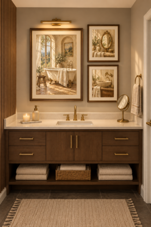 Vintage French blue bathroom wall art set of three printable antique-inspired artworks displayed above an elegant vanity in a warm French country powder room.