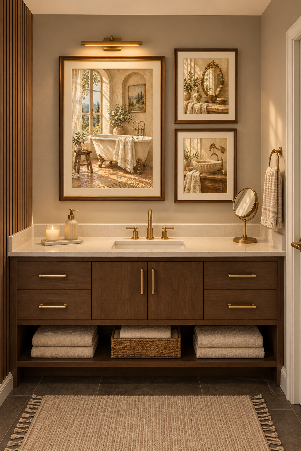 Vintage French blue bathroom wall art set of three printable antique-inspired artworks displayed above an elegant vanity in a warm French country powder room.