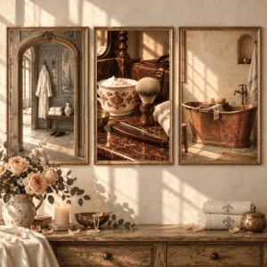 Vintage French bathroom wall art set featuring three framed printable artworks with an elegant French bath interior, antique grooming details, and copper bathtub scene.