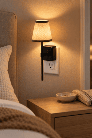 Plug-in bedside wall sconce with warm fabric shade and black metal frame creating cozy ambient lighting beside a neutral bedroom bed.