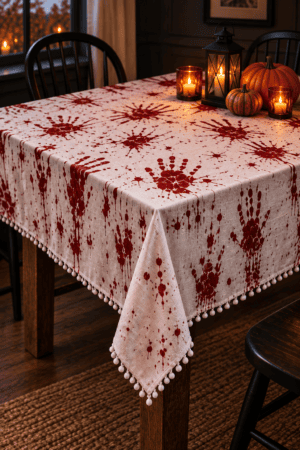 Bloody handprint Halloween tablecloth with red splatter pattern and pom-pom trim styled with pumpkins, lanterns, and candles on a dining table.