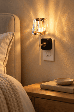 Crystal-style plug-in wall sconce with warm ambient glow and elegant metal arm styled beside a cozy neutral upholstered bedroom bed.