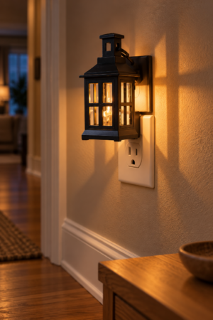 Black lantern-style plug-in wall light casting a warm golden glow in a cozy hallway with neutral walls and natural wood furniture.
