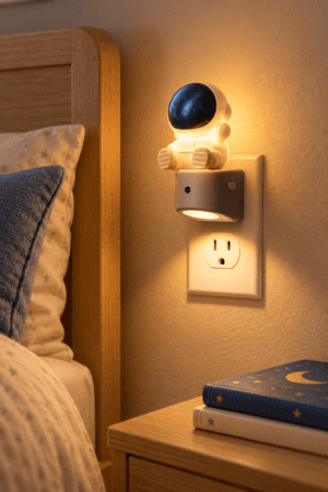 Cute astronaut plug-in night light with galaxy visor casting a warm glow beside a cozy space-themed kids bedroom bed and nightstand.