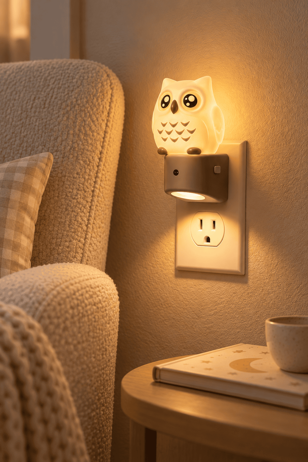 Cute owl plug-in night light casting a warm golden glow beside a cozy reading chair in a neutral kids bedroom or nursery.