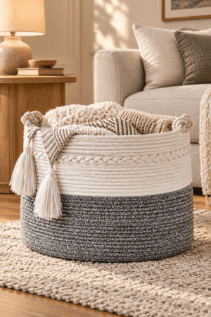 Large two-tone woven cotton rope storage basket with handles and decorative tassels filled with cozy blankets in a neutral living room.