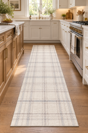 Neutral cream and gray plaid kitchen runner rug styled between white cabinets and a natural wood island in a cozy farmhouse kitchen.