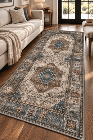 Vintage distressed area rug with rust, navy and beige medallion pattern styled in a cozy living room with neutral furniture and warm wood floors.