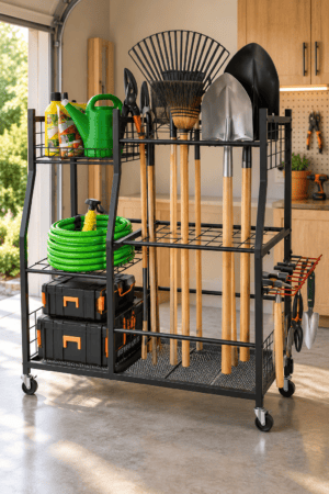 Rolling garden tool organizer rack with wheels storing shovels, rakes, garden hose, watering can, toolboxes and gardening accessories in a garage.