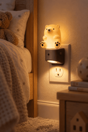 Cute bear plug-in night light glowing with warm ambient lighting beside a cozy kids bed in a neutral child bedroom.