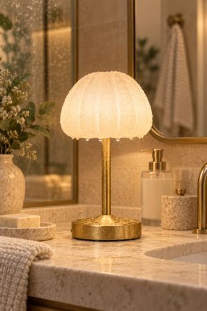 Warm textured dome table lamp with gold base glowing beautifully on neutral bathroom vanity beside mirror and decorative accessories.