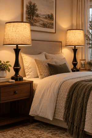 Elegant black bedside table lamps with warm linen shades illuminating a cozy neutral bedroom with wood nightstands and layered bedding beautifully.