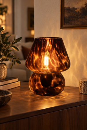 Glowing amber glass table lamp with sculptural rounded base creating warm ambient lighting on a rich wooden living room console.