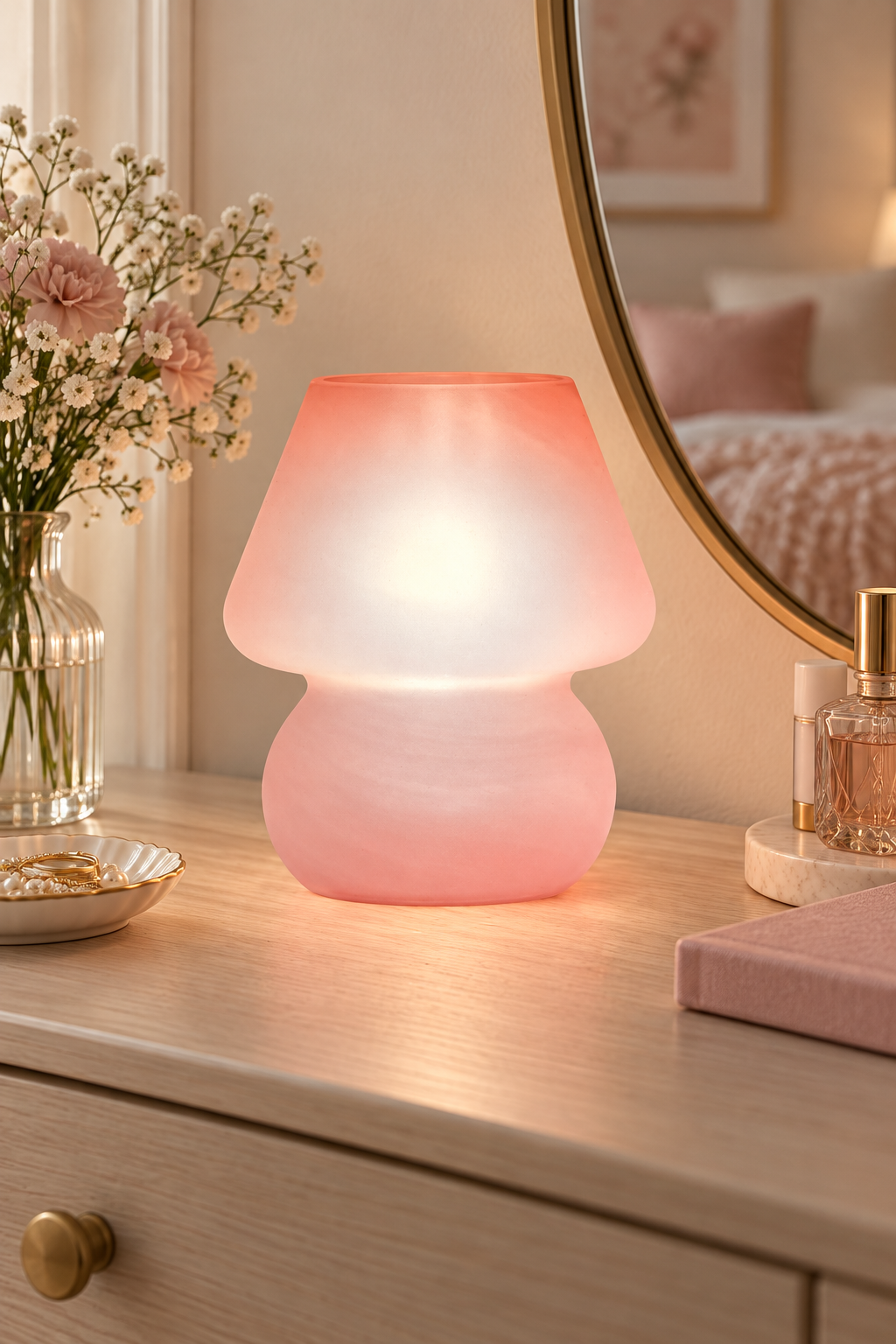 Blush pink glass table lamp glowing warmly on a light wood bedroom dresser beside flowers, perfume, jewelry, and round mirror.