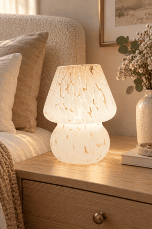 Textured white glass table lamp glowing warmly on wooden bedroom nightstand beside neutral bedding, books, flowers, and decorative accessories beautifully.