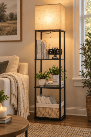 Black shelf floor lamp with warm fabric shade, open storage shelves, books, plants, clock, and woven basket in living room.