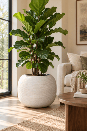 Large white textured floor planter holding a fiddle leaf fig beside a neutral sofa in a bright modern living room.