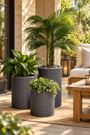 Three gray woven indoor planters filled with lush green plants creating a warm natural look in a sunlit living space.