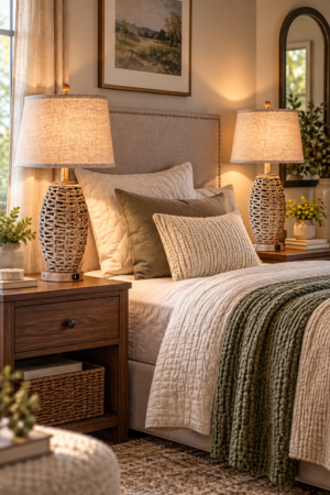 Two woven bedside table lamps with warm linen shades glowing beside layered neutral bedding and rich wood nightstands beautifully indoors.