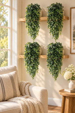Four lush hanging greenery planters displayed on warm wood floating shelves beside a bright window in a neutral living room.