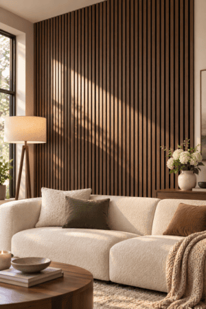 Dark wood slat wall panels create a warm modern accent behind a cream sectional sofa in a cozy living room.