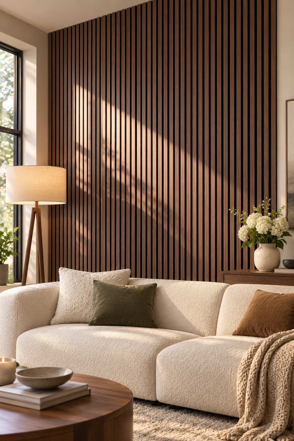 Dark wood slat wall panels create a warm modern accent behind a cream sectional sofa in a cozy living room.