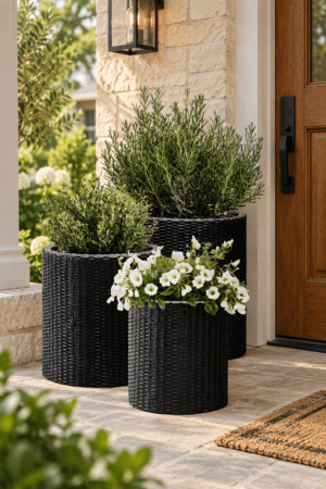 Three black woven outdoor planters with greenery and white flowers create a polished front porch display beside a wood door.