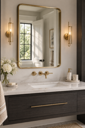 Gold framed rounded rectangle bathroom mirror above a marble vanity with brass sconces, dark wood cabinetry, and elegant neutral decor.