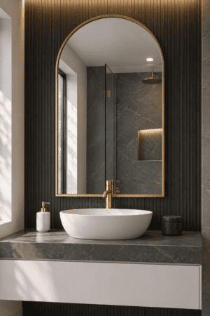 Elegant gold arched bathroom mirror above a white vessel sink, framed by black fluted walls and warm brass fixtures beautifully.