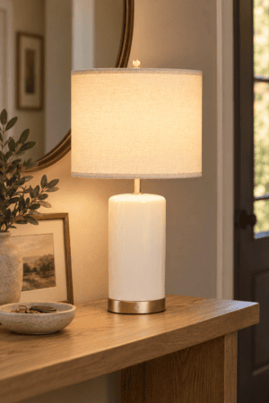 Modern white ceramic table lamp with neutral linen drum shade and brass accents styled on a warm wood entryway console beside a round mirror.
