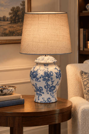 Blue and white floral ceramic table lamp with neutral linen shade styled on a round walnut side table beside an ivory upholstered accent chair.