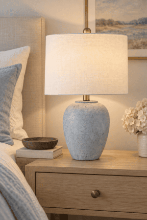 Light blue speckled ceramic table lamp with white linen drum shade and brass accents styled on a natural oak nightstand beside neutral bedding and white flowers.