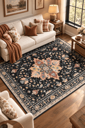 Black floral medallion area rug with rust, peach, cream and blue botanical patterns styled beneath an ivory sofa in a cozy living room.