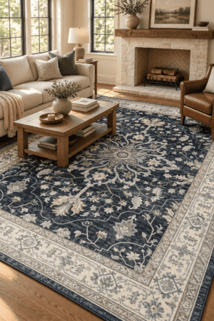 Dark Navy Floral Medallion Area Rug for Living Room
