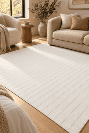 Ivory textured area rug with subtle linear pattern styled beneath cream curved seating in a warm neutral modern living room.