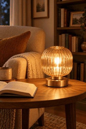 Amber ribbed glass table lamp glowing warmly beside an armchair, open book, coffee mug, and cozy home reading nook decor.