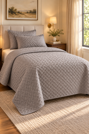 Gray textured basket weave quilt bedding with matching pillows styled in a warm neutral bedroom with elegant modern decor accents.