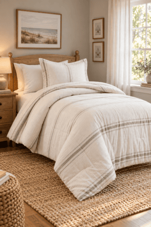 White and beige striped comforter bedding styled with neutral pillows, natural wood furniture, woven rug, and bright farmhouse bedroom decor.