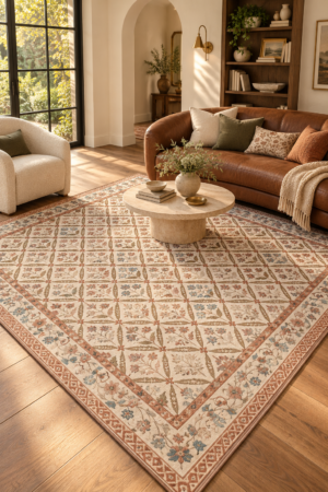 Vintage floral area rug with cream terracotta and blue pattern styled beneath coffee table in warm elegant living room decor.
