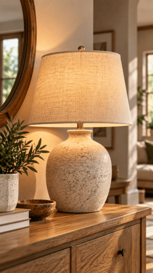 Textured beige stone-look ceramic table lamp with natural linen drum shade styled on a warm wooden console table beside greenery.