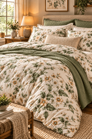 Cream floral botanical comforter with sage green quilted bedding, coordinating pillows and warm neutral accessories in a cozy sunlit bedroom.