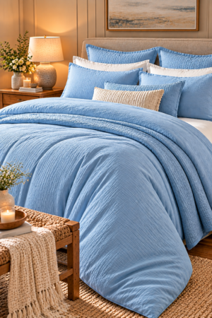 Light blue textured comforter bedding set with matching pillow shams, white pillows and neutral accents in a cozy modern bedroom.